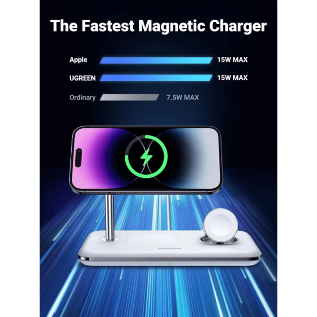 UGREEN 25W 3 In 1 MagSafe Fast Wireless Charging Station Or Magnetic for Apple Watch iPhone & Air pods - Image 2